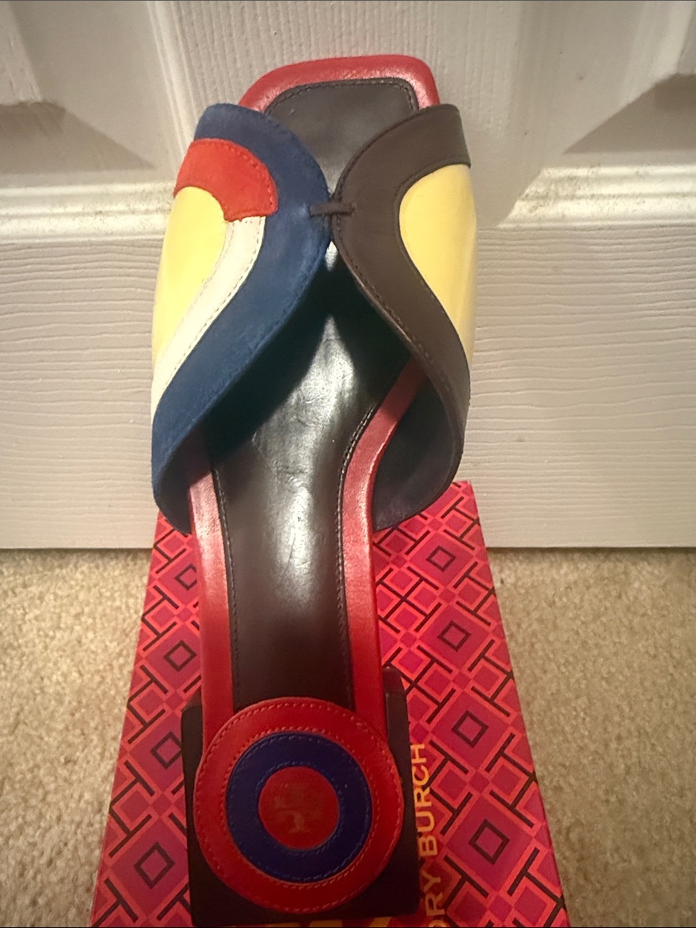 Tory Burch Multicolor Slide Sandals in Red and Blue with Yellow Accents - Picture 2 of 14